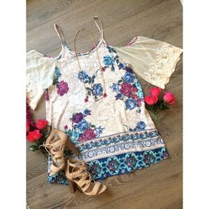 UMGEE Floral‎ Lace Cold Shoulder Shift Boho Spaghetti Spring Dress NWT Small